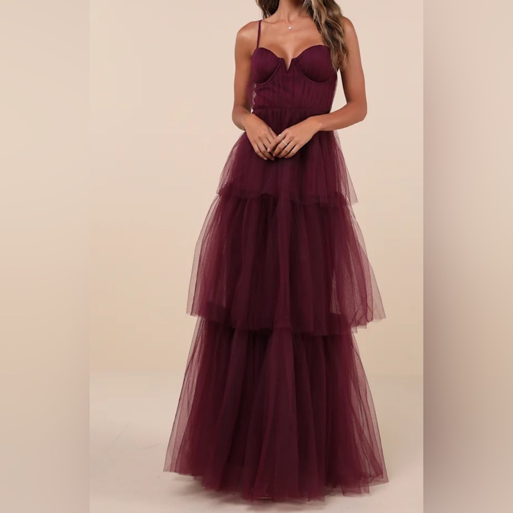 Lulus Elegant Burgundy Tiered Tulle Dress